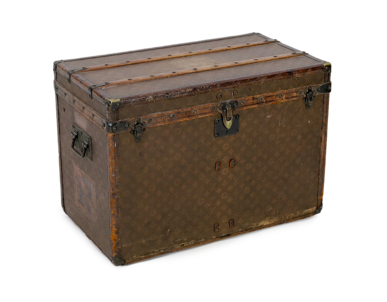 A Louis Vuitton brass mounted leather bound trunk, c.1910, numbered 137426, 75cm wide, 43cm deep, 54cm high